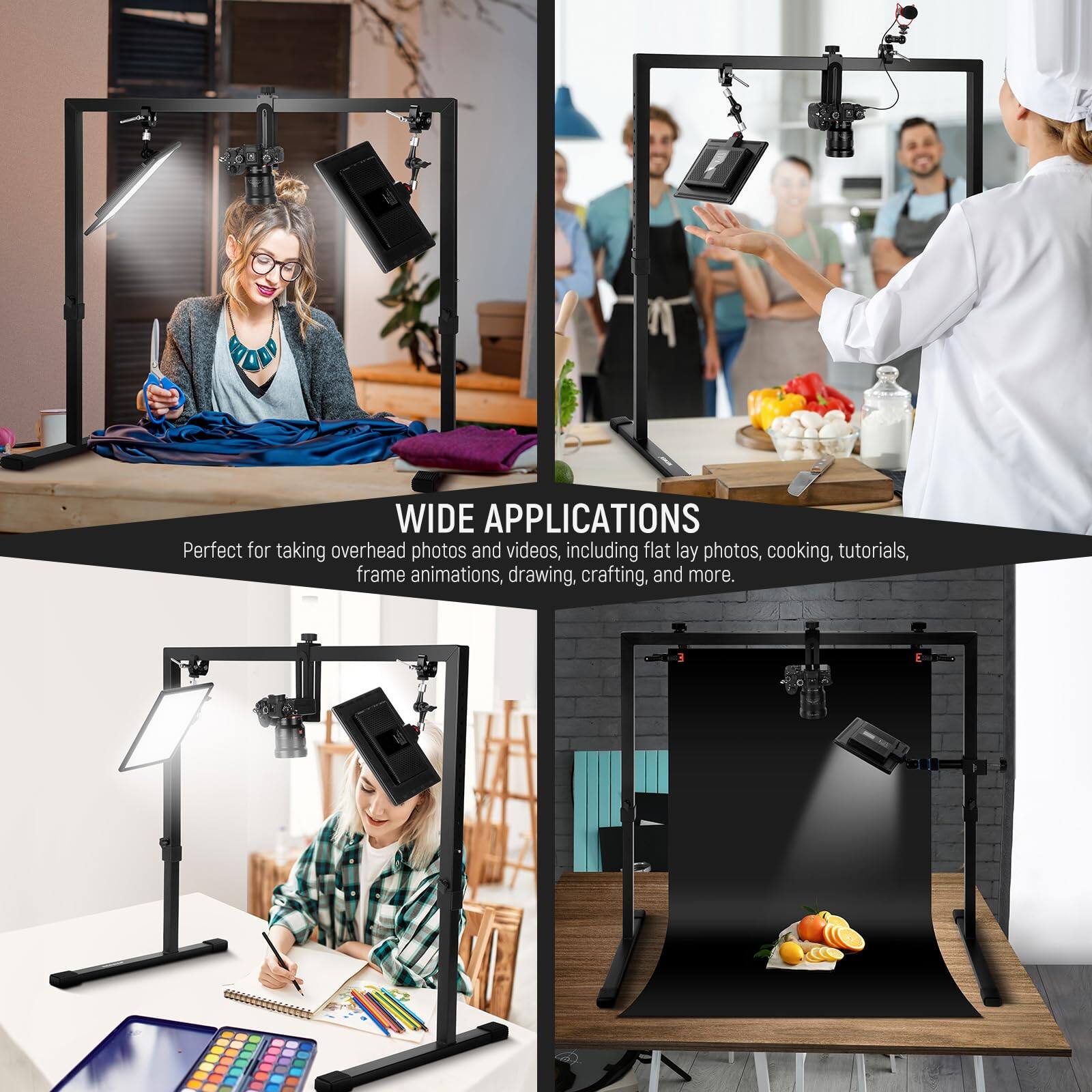 **WIDE APPLICATIONS**

Perfect for taking overhead photos and videos, including flat lay photos, cooking, tutorials, frame animations, drawing, crafting, and more.