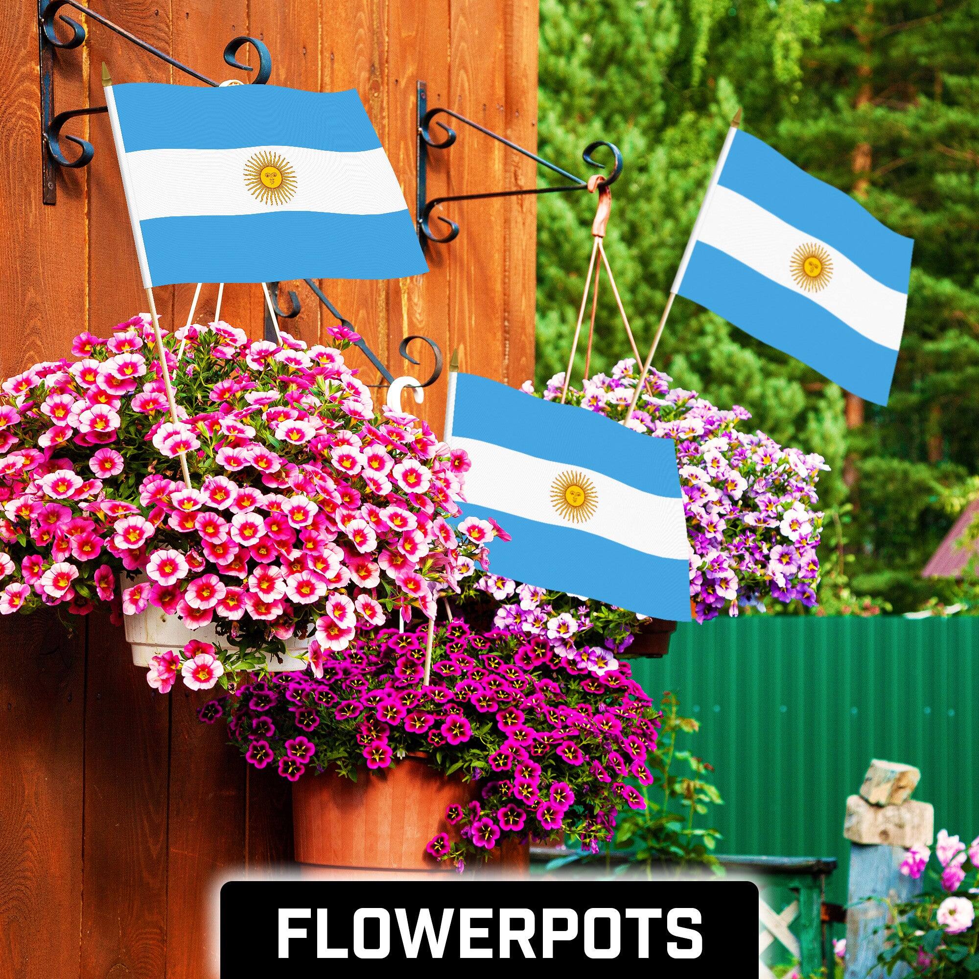 Angle. G128 - 50-Pack Handheld Argentina Stick Flags, 12 x 18 in, 150D Polyester, Wooden Pole with Gold Spear. - Assorted Colors.