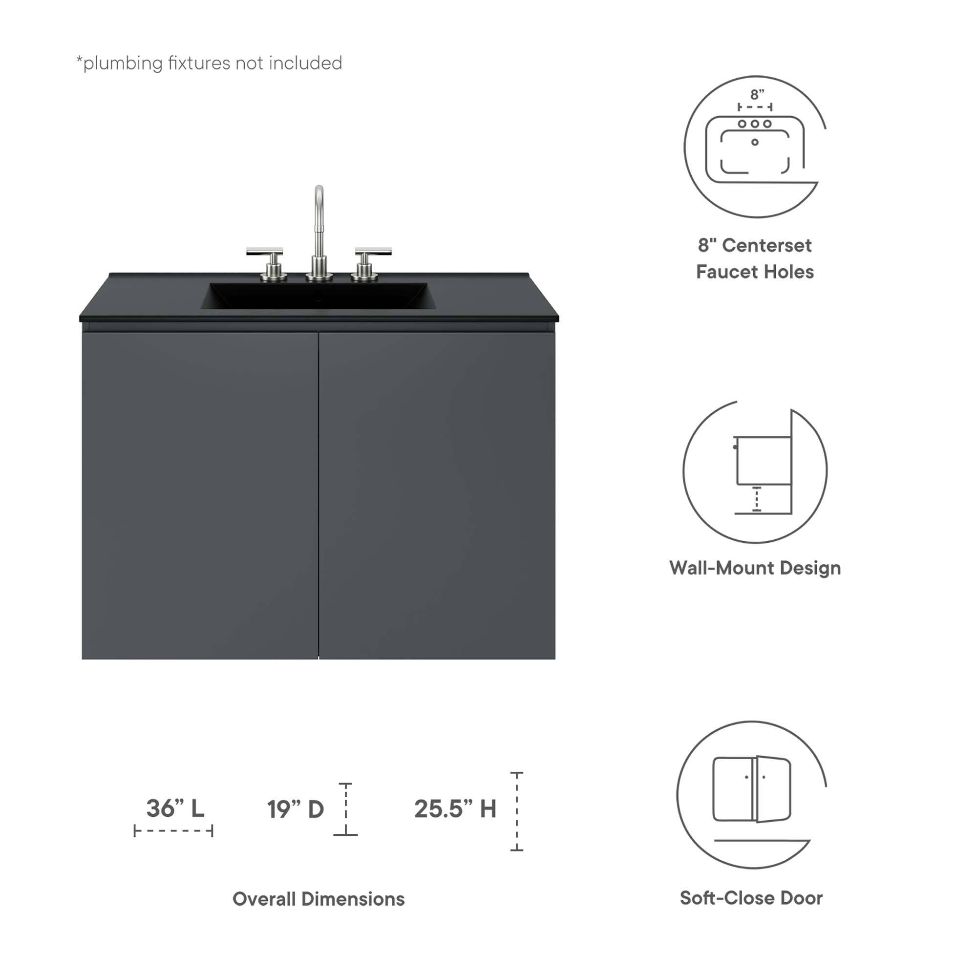 *plumbing fixtures not included

8" Centerset Faucet Holes

Wall-Mount Design

36" L x 19" D x 25.5" H Overall Dimensions

Soft-Close Door