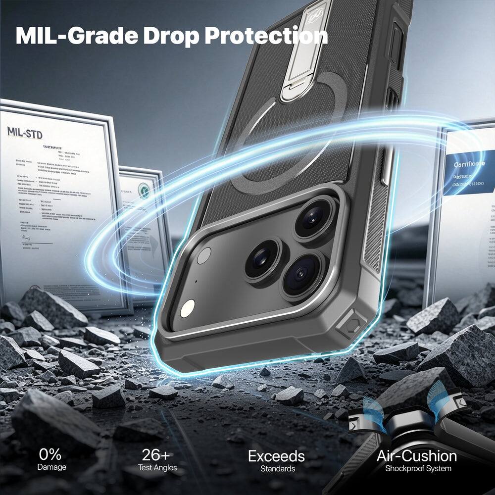 MIL-Grade Drop Protection  
MIL-STD  
0% Damage  
26+ Test Angles  
Exceeds Standards  
Air-Cushion Shockproof System
