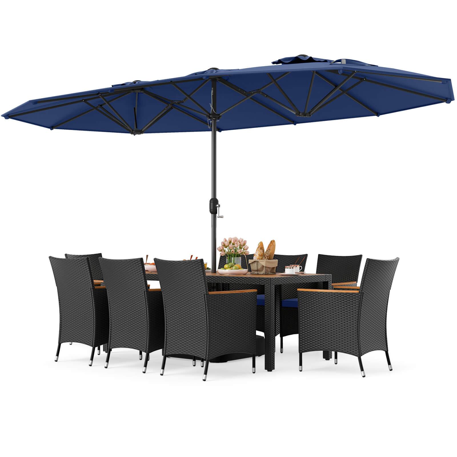 Alt View 5. Costway - Costway 11 PCS Patio Wicker Dining Set with Double-Sided Outdoor Umbrella 8 Stackable Chairs - Navy+Navy.