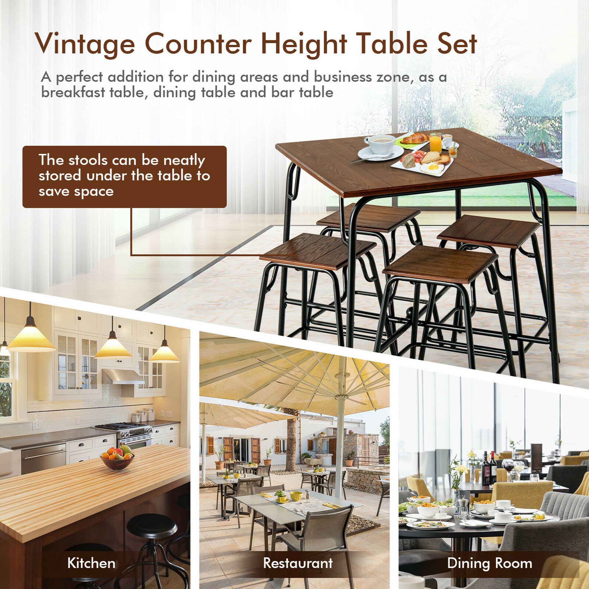 Vintage Counter Height Table Set

A perfect addition for dining areas and business zone, as a breakfast table, dining table and bar table

The stools can be neatly stored under the table to save space

Kitchen

Restaurant

Dining Room