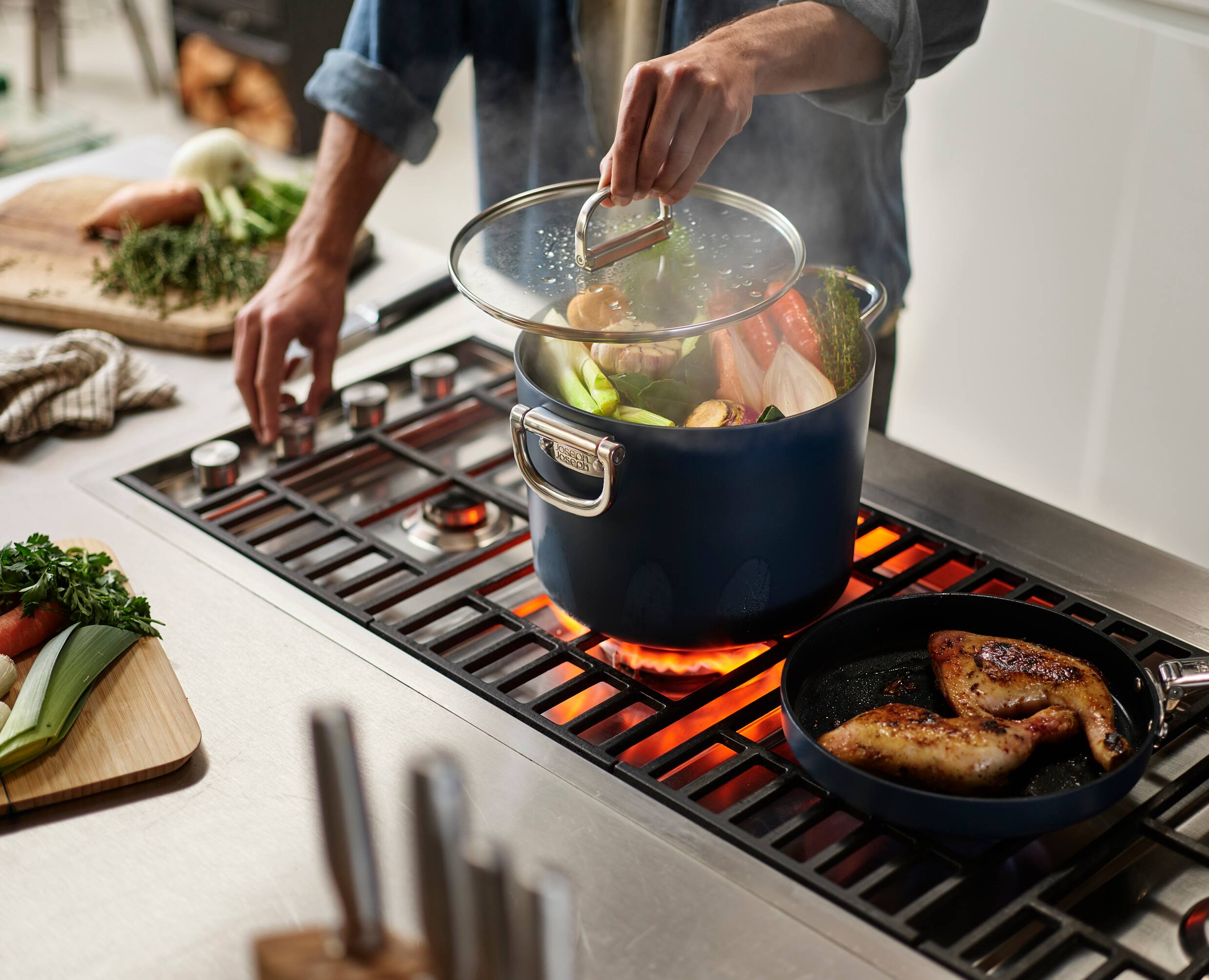 Alt View 4. Joseph Joseph - Space Ceramic Non-stick 8.5 Qt. Stock Pot with Folding Handles and Lid - Blue.