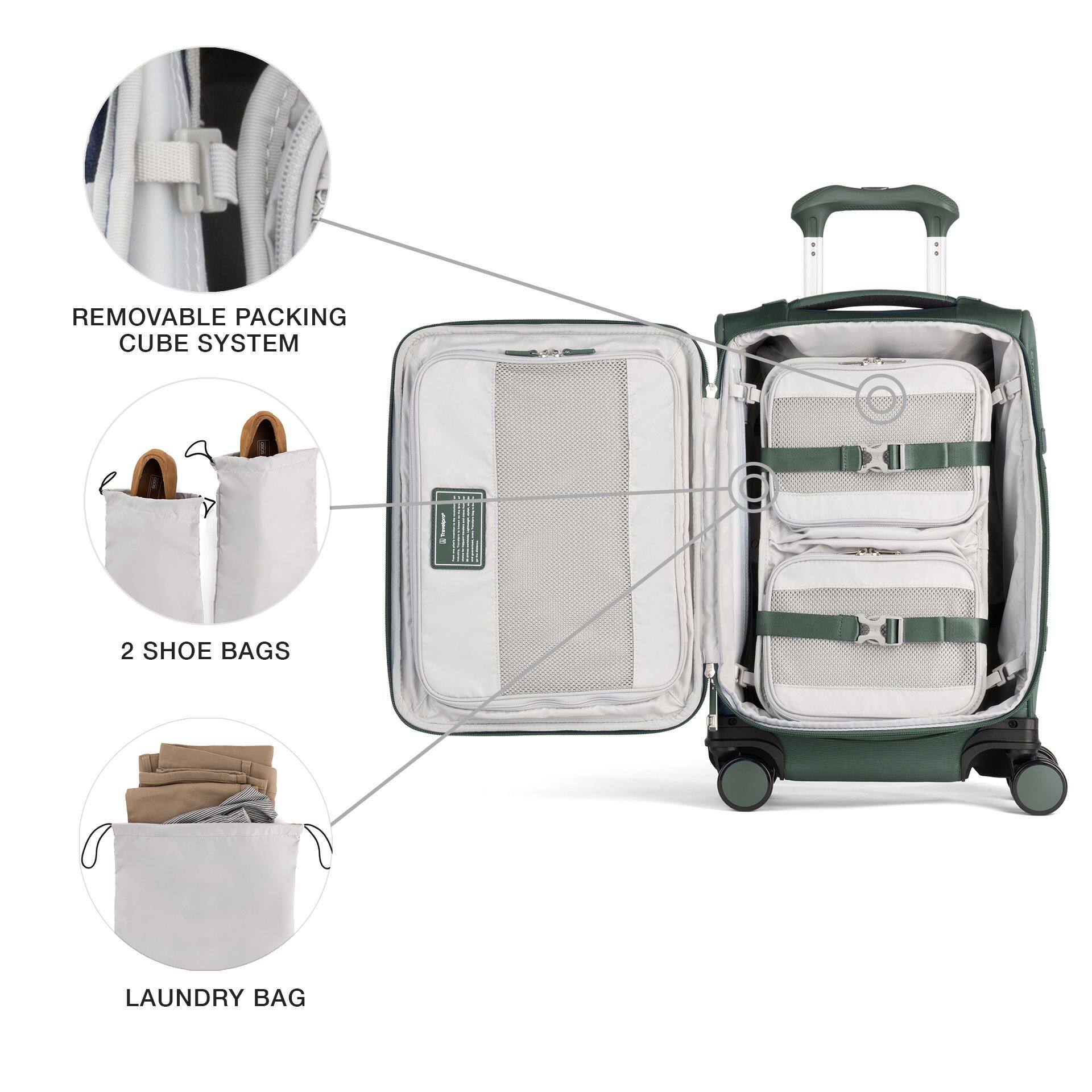 REMOVABLE PACKING CUBE SYSTEM  
2 SHOE BAGS  
LAUNDRY BAG
