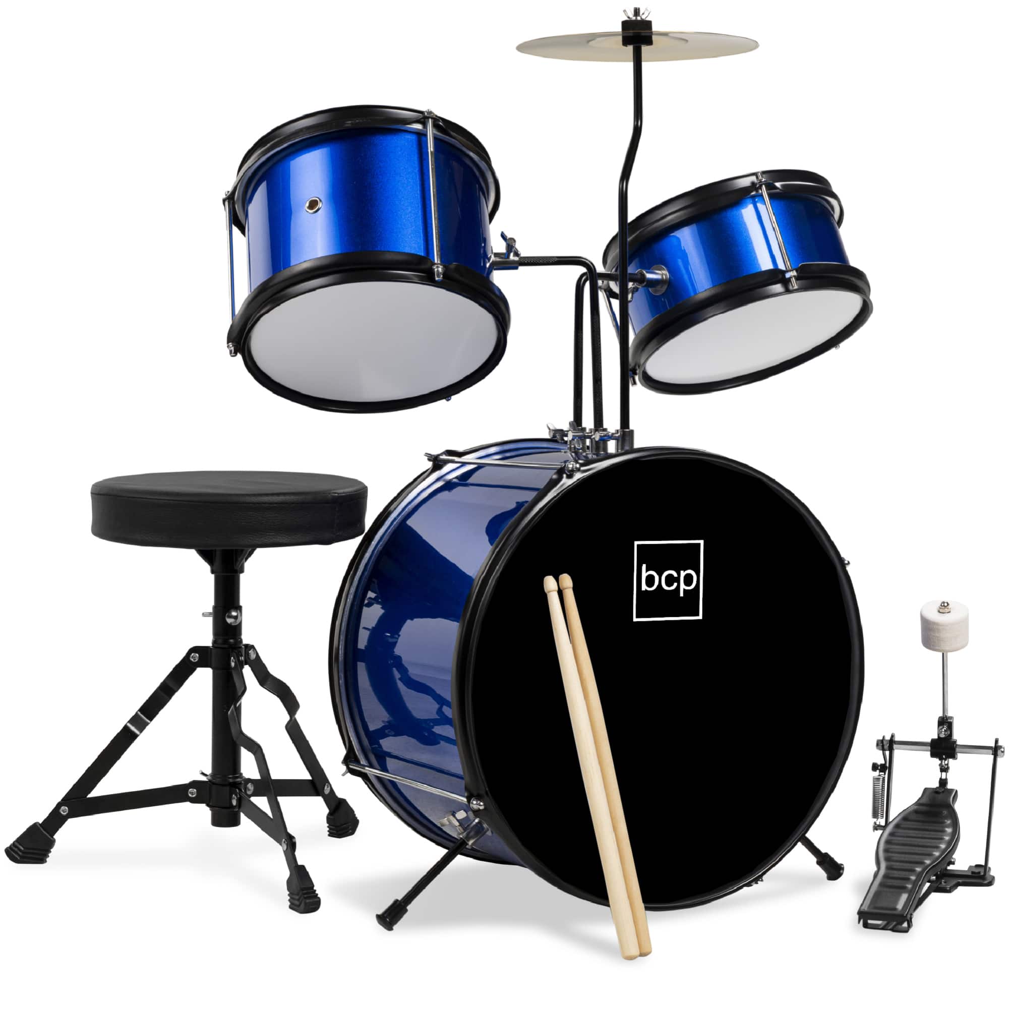 Best Choice Products - Kids 3-Piece Beginner Drum Set with Sticks, Cushioned Stool and Drum Pedal - Blue/Black - Blue & Black