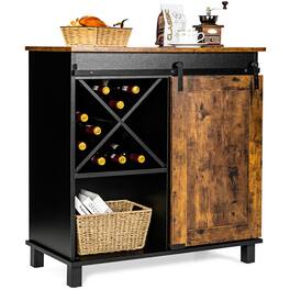 Costway - Kitchen Buffet Storage Cabinet Sideboard w/Sliding Barn Door Wine Rack - Rustic Brown,Black