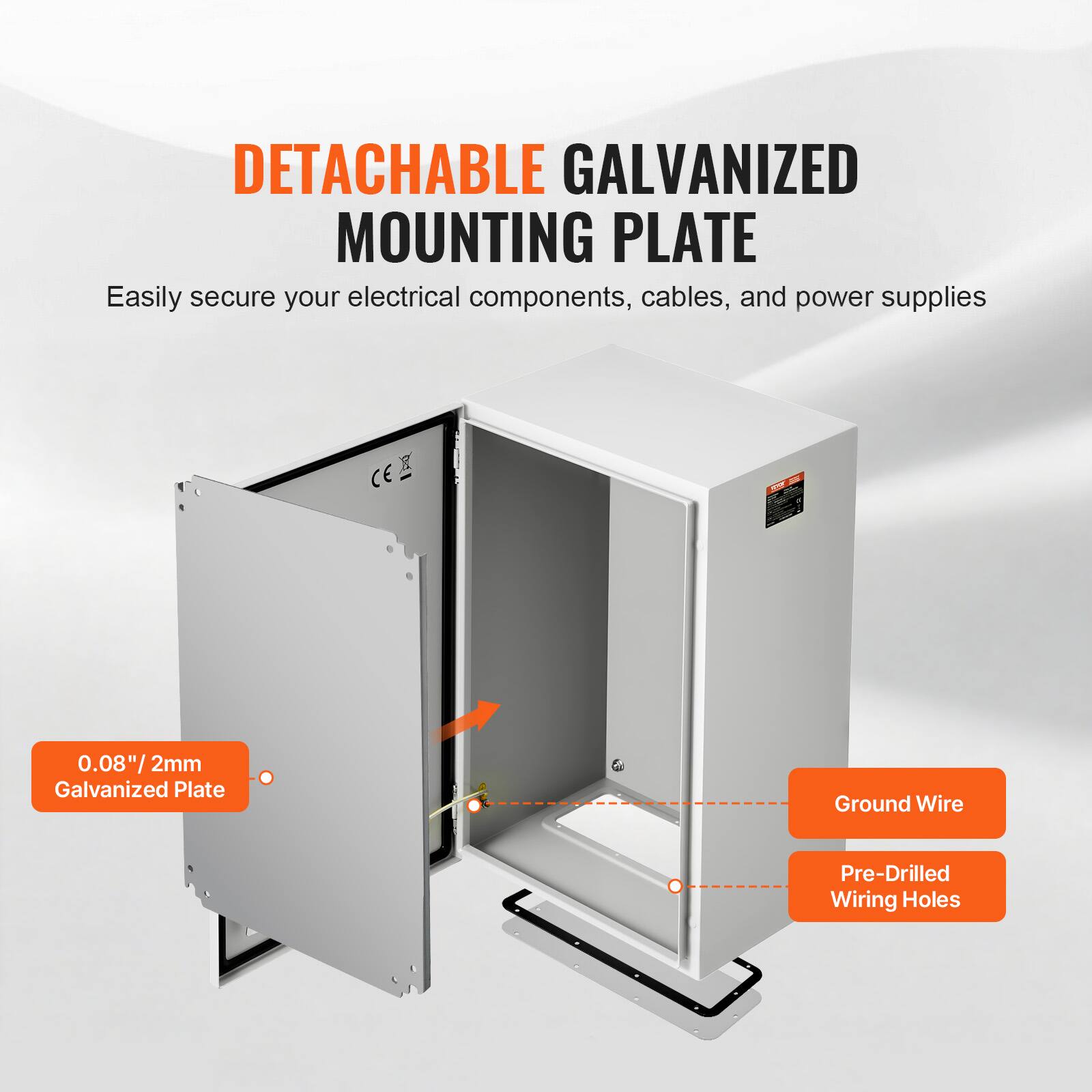 DETACHABLE GALVANIZED MOUNTING PLATE

Easily secure your electrical components, cables, and power supplies

0.08"/2mm Galvanized Plate

Ground Wire

Pre-Drilled Wiring Holes