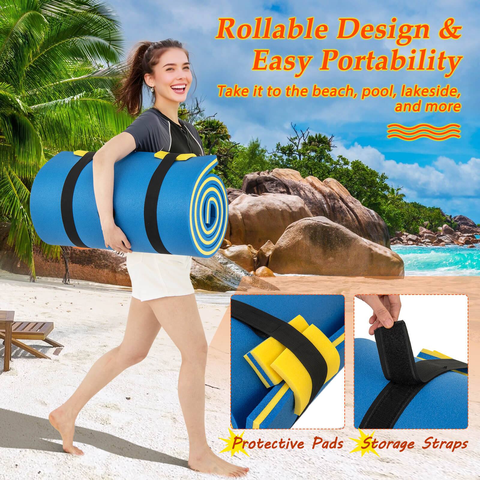 Rollable Design & Easy Portability  
Take it to the beach, pool, lakeside, and more  

Protective Pads  
Storage Straps