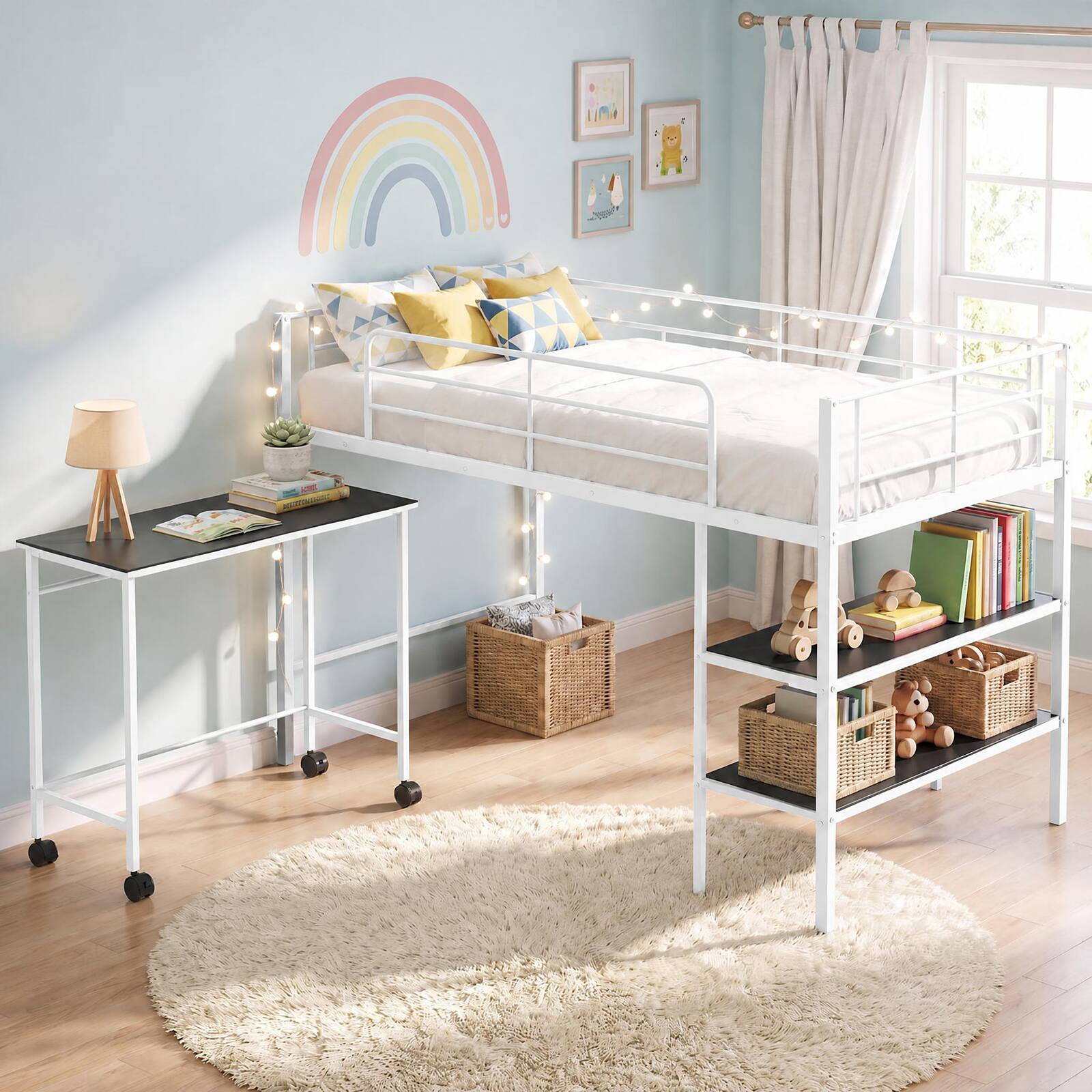 Alt View 1. Costway - Costway Twin Size Loft Bed with Rolling Desk & Bookshelf, Metal Slats for Bedroom Dormitory - White.