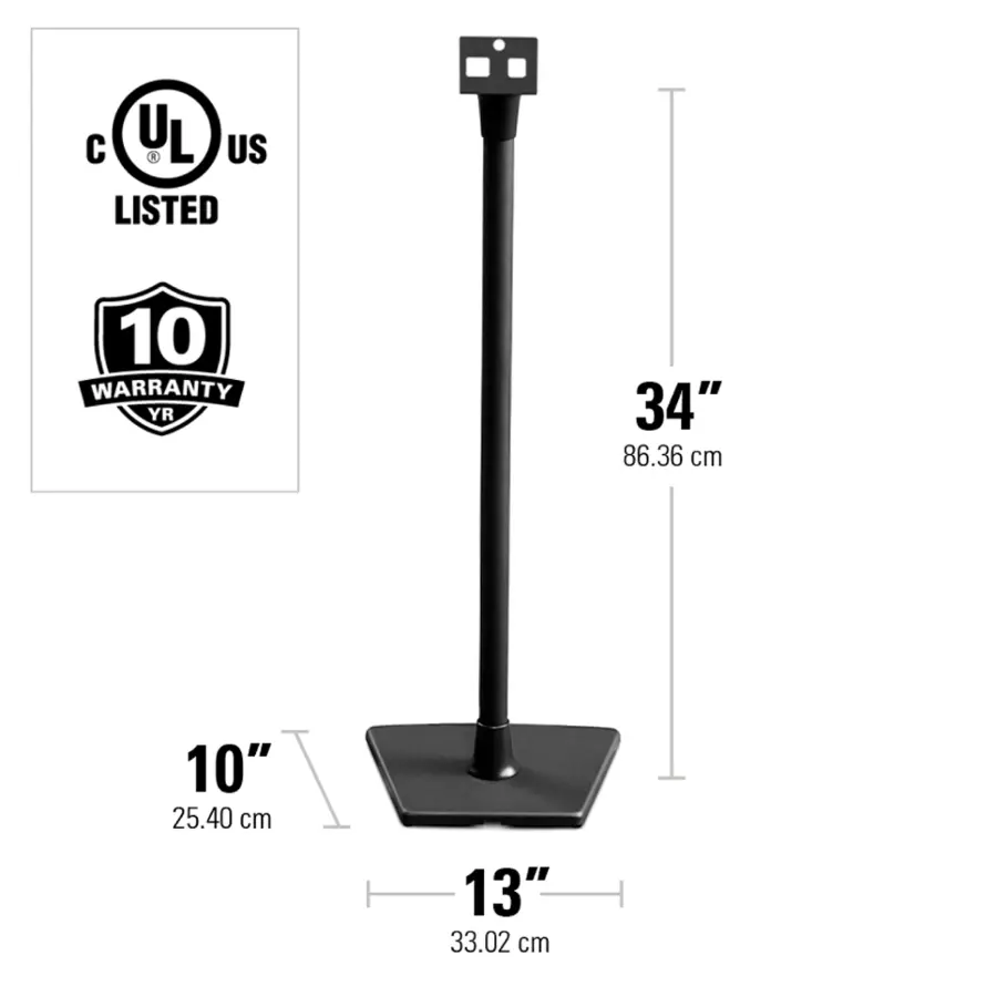 The image features a black metal pole with a 10-year warranty. It is 34 inches tall, measuring 86.36 cm, and has a diameter of 10 inches, which is 25.40 cm. The pole is also described as being 13 inches tall, which is 33.02 cm.