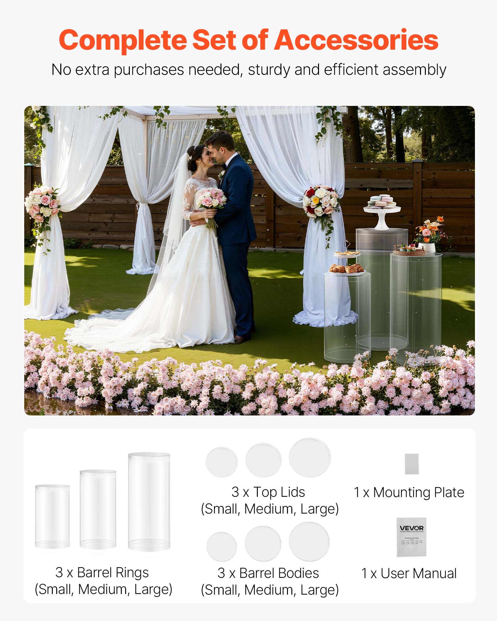 Complete Set of Accessories  
No extra purchases needed, sturdy and efficient assembly  

3 x Top Lids (Small, Medium, Large)  
1 x Mounting Plate  
3 x Barrel Rings (Small, Medium, Large)  
3 x Barrel Bodies (Small, Medium, Large)  
1 x User Manual