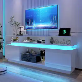 Espafurni - 71" LED TV Stand with Power Outlets, High Gloss & Glass Shelf - White
