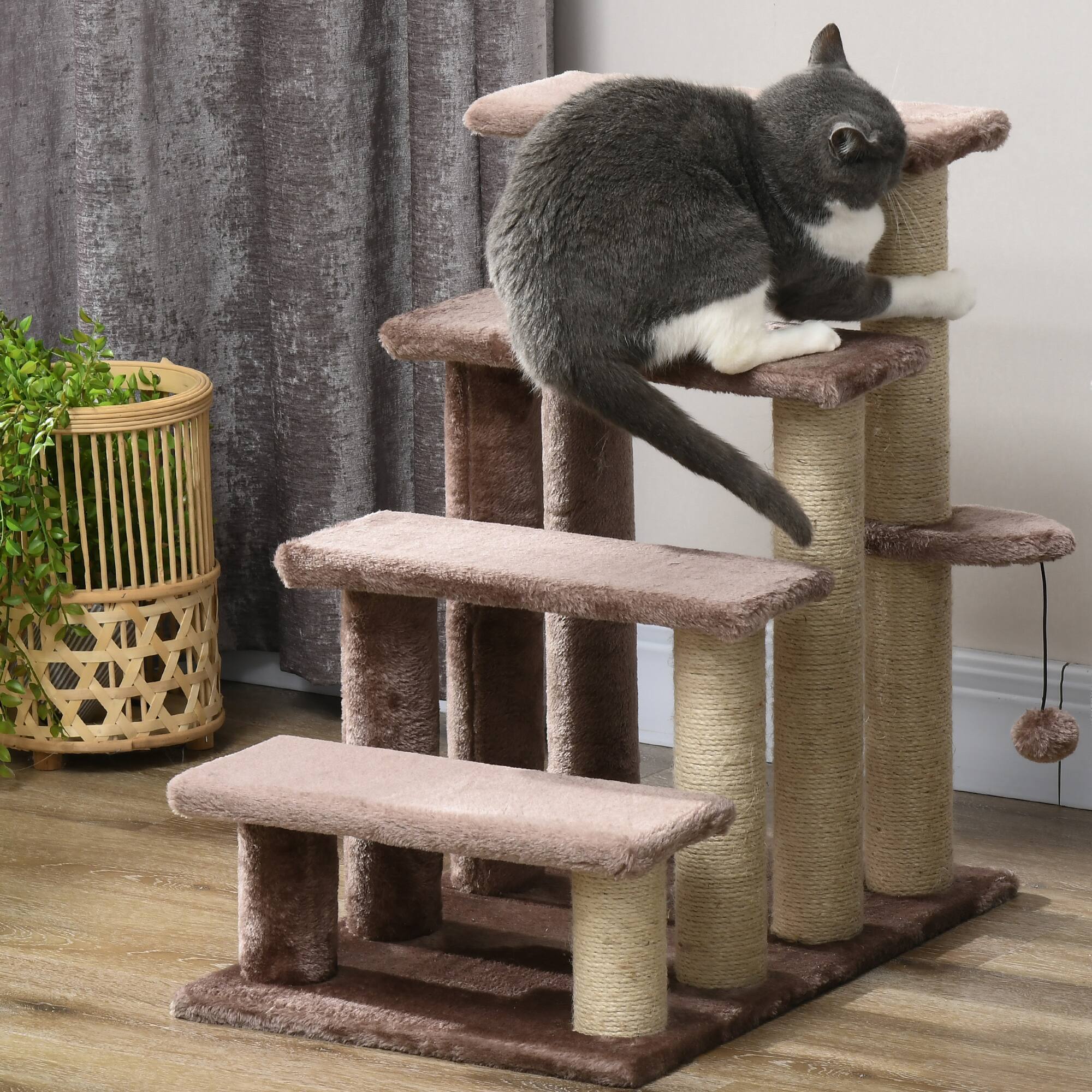 Alt View 5. Pawhut - 4 Levels Cat Steps, Carpeted Ladder, Kitten Climber, Scratching Posts, Hanging Ball, Side Step, for Bed, Sofa - Brown.