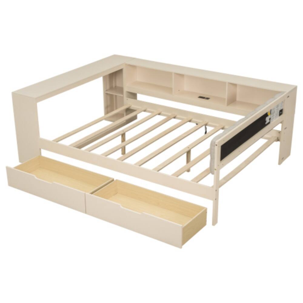 Back. LUCKY ONE - Full Size Wood Platform Bed with Storage Shelves, Drawers, USB Charging Station, Upholstered Headboard - Cream.