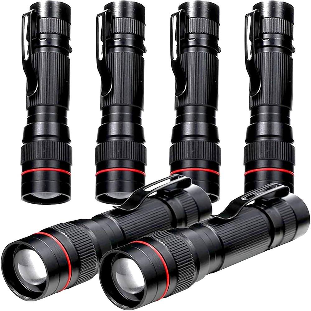 Front. ACJPR - 6-Pack Mini LED Flashlights, Single-Mode Zoomable with Pocket Clip, AA Battery, Portable for EDC, Camping, Emergency.
