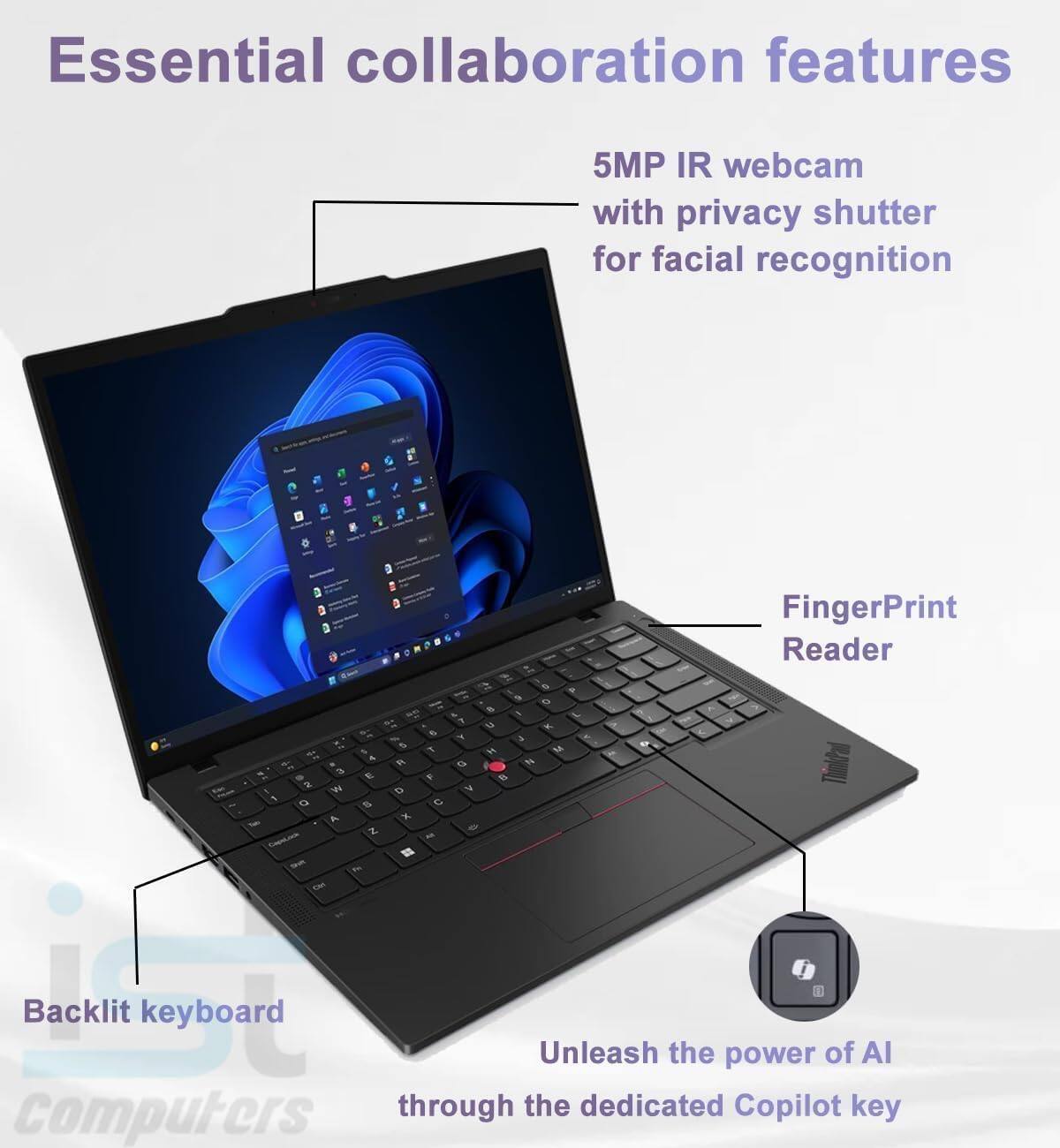 Essential collaboration features

- 5MP IR webcam with privacy shutter for facial recognition
- Fingerprint Reader
- Backlit keyboard
- Unleash the power of AI through the dedicated Copilot key
