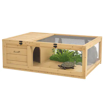 Front. Pawhut - Wooden Tortoise House Indoor Turtle Habitat Enclosure Outdoor Reptile Cage for Lizards, Geckos.