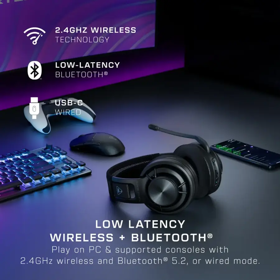 S- 2.4GHZ WIRELESS TECHNOLOGY LOW-LATENCY BLUETOOTH USB-C WIRED - - L A a a . L - - - BEACH TURTLE LOW LATENCY R WIRELESS + BLUETOOTH Play on PC & supported consoles with 2.4GHz wireless and Bluetooth 5.2, or wired mode.