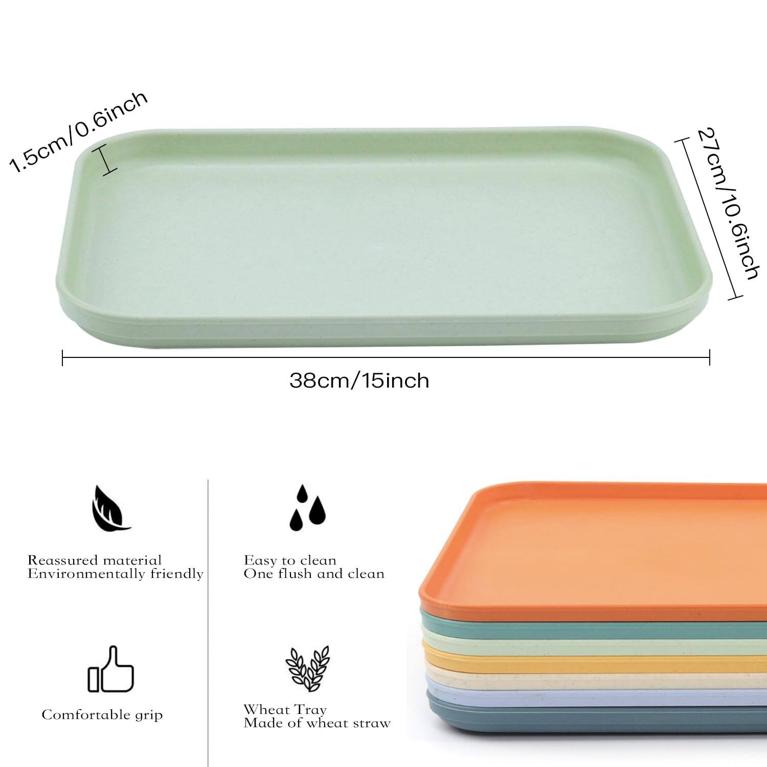 1.5cm/0.6inch  
38cm/15inch  
27cm/10.6inch  

Reassured material  
Environmentally friendly  

Easy to clean  
One flush and clean  

Comfortable grip  

Wheat Tray  
Made of wheat straw