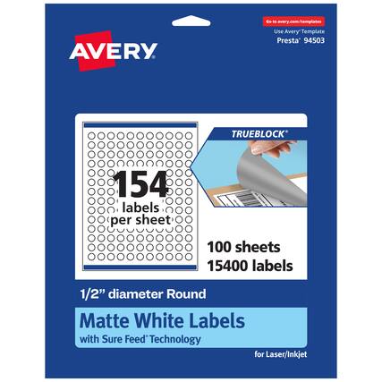 Go to avery.com/templates
AVERY
Use Avery Template Presta 94503
TRUEBLOCK
154 labels per sheet
100 sheets
15400 labels
1/2" diameter Round Matte White Labels with Sure Feed Technology for Laser/Inkjet