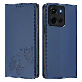 Dteck - For Motorola Moto G Play (2026) Butterfly Embossed PU Leather RFID Blocking Flip Kickstand Wallet Case with Card Slots - Darkblue