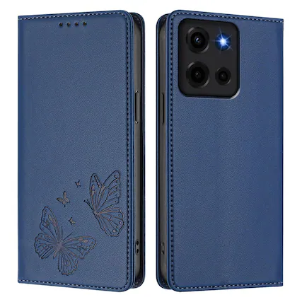 Front. Dteck - For Motorola Moto G Play (2026) Butterfly Embossed PU Leather RFID Blocking Flip Kickstand Wallet Case with Card Slots - Darkblue.