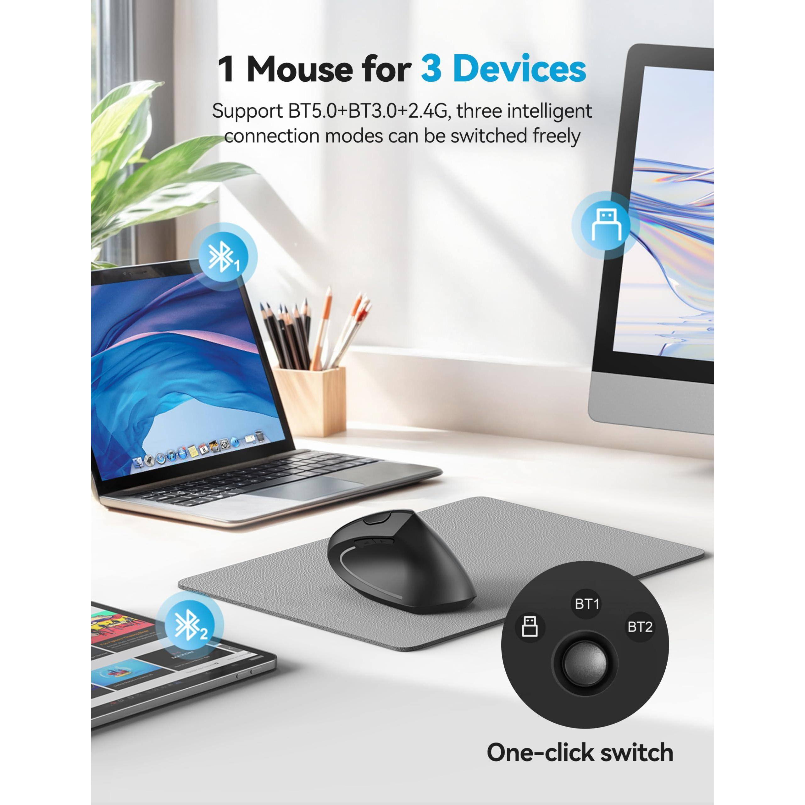 1 Mouse for 3 Devices  
Support BT5.0+BT3.0+2.4G, three intelligent connection modes can be switched freely  

One-click switch  
BT1 BT2