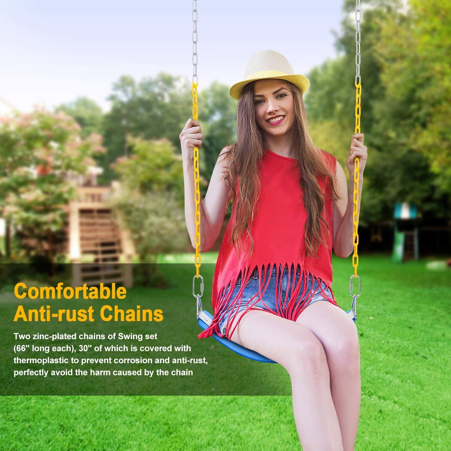 Comfortable Anti-rust Chains

Two zinc-plated chains of Swing set (66" long each), 30" of which is covered with thermoplastic to prevent corrosion and anti-rust, perfectly avoid the harm caused by the chain.