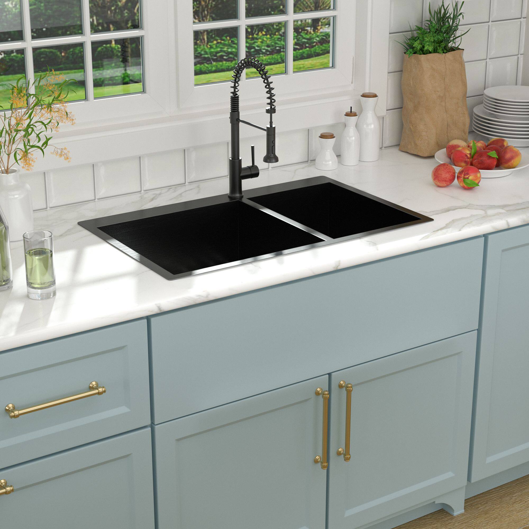 Back. Lordear - 33"x22"x9" Gunmetal Black Double Bowl Drop in Kitchen Sink 16 Gauge with Two 10" Deep Basin - Stainless steel.