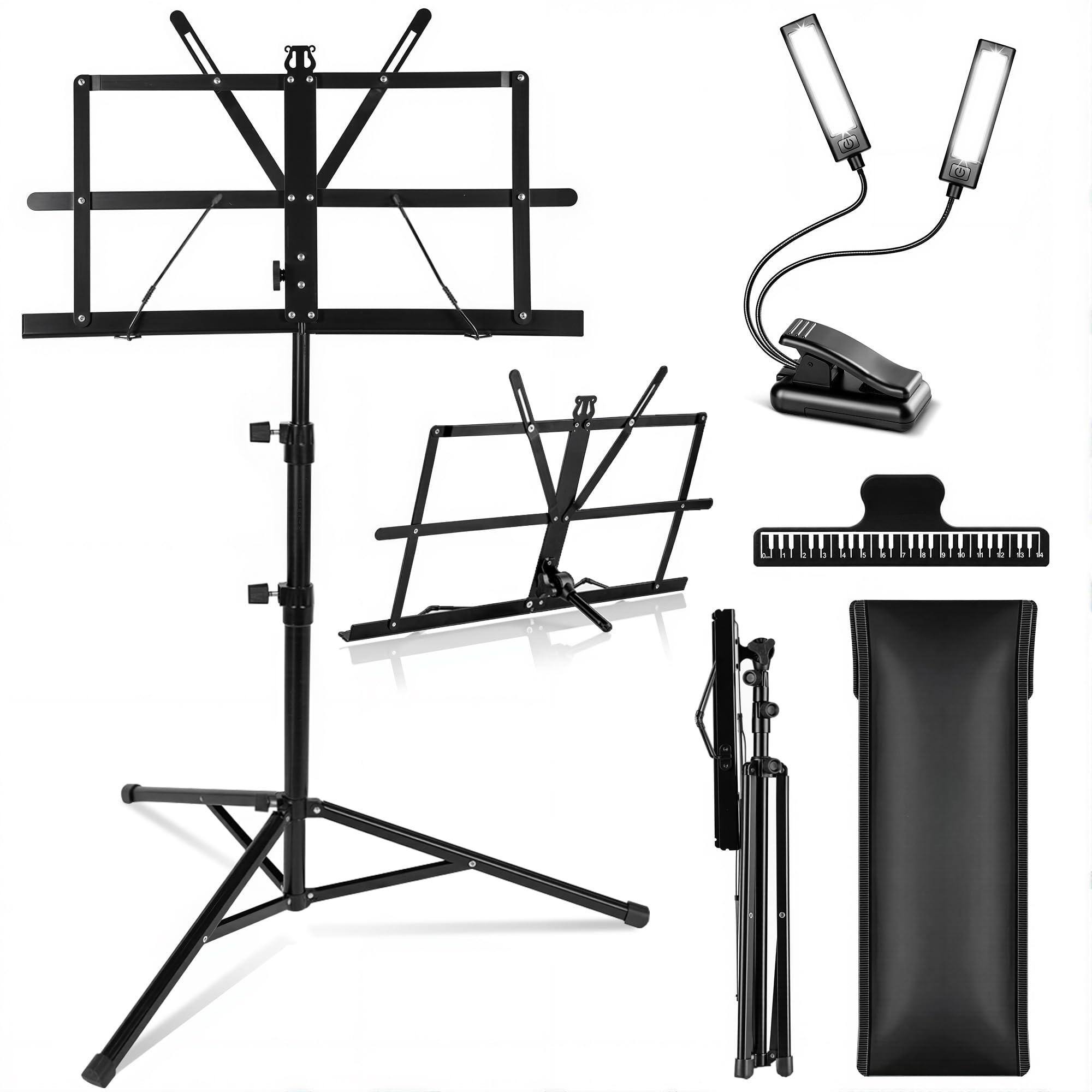 MAGICAL RUBS - Portable Sheet Music Stand: Dual Use Desktop Book Holder Folding Lightweight Extra Stable Reinforced With Carrying Ba - Black With Light Version