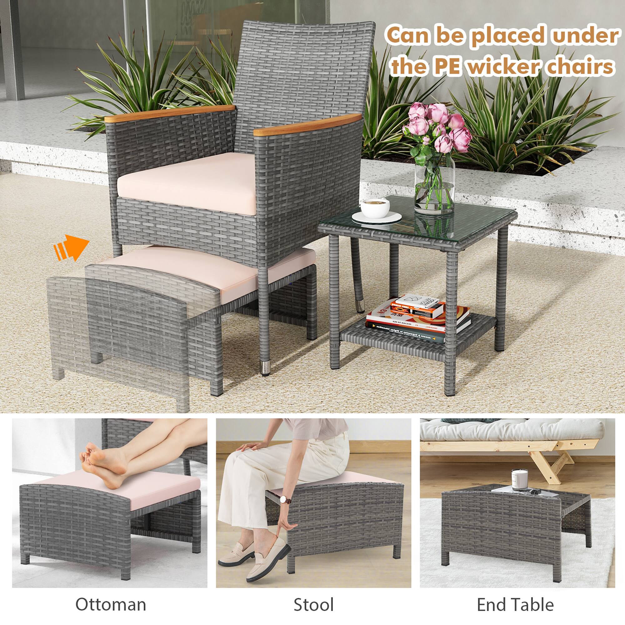 Can be placed under the PE wicker chairs

Ottoman

Stool

End Table