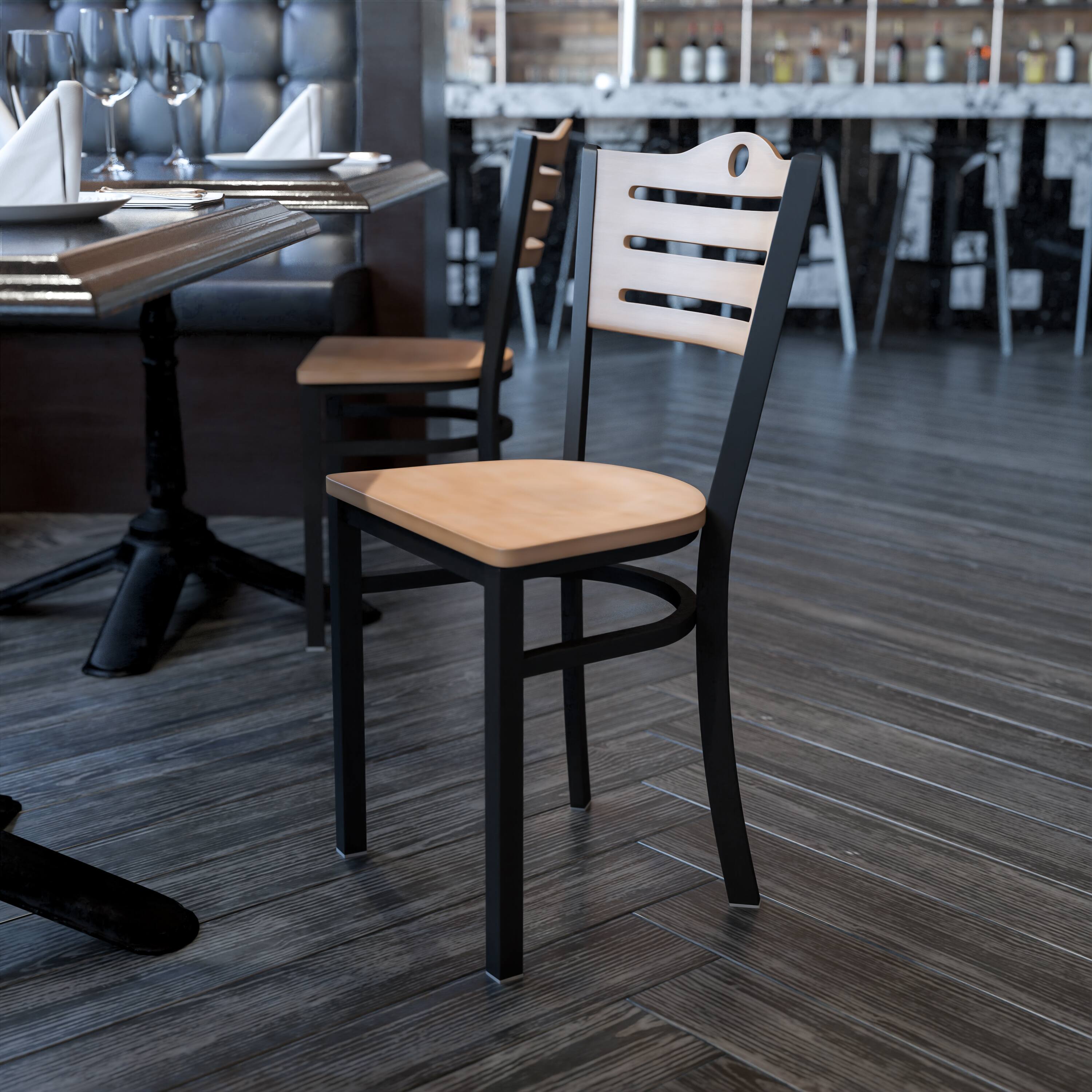 Alt View 1. Emma + Oliver - Slat Back Metal Restaurant Dining Chair - Natural Wood Back/Natural Wood Seat/Black Metal.