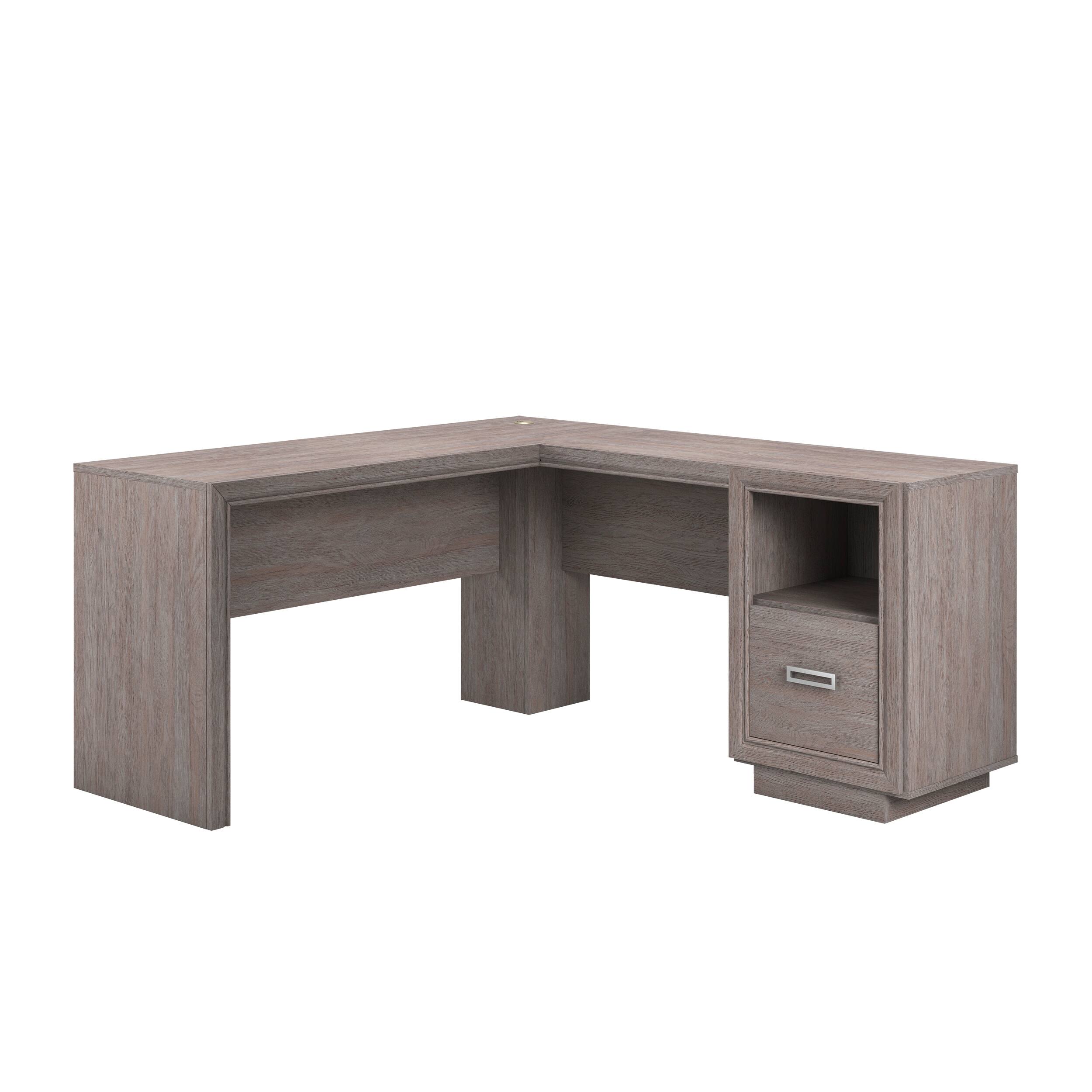 Front. Spaco - L-Shaped Computer Desk, Cord Management, File Drawer and Storage Shelf - Brown.
