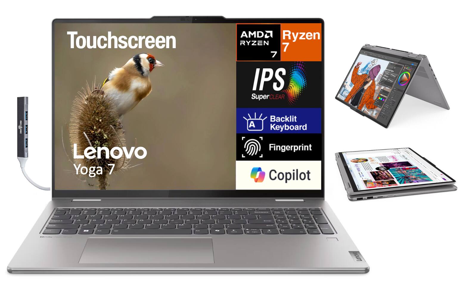 Touchscreen  
AMD Ryzen 7  
IPS SuperCLEAR  
Backlit Keyboard  
Fingerprint  
Copilot  

Lenovo Yoga 7