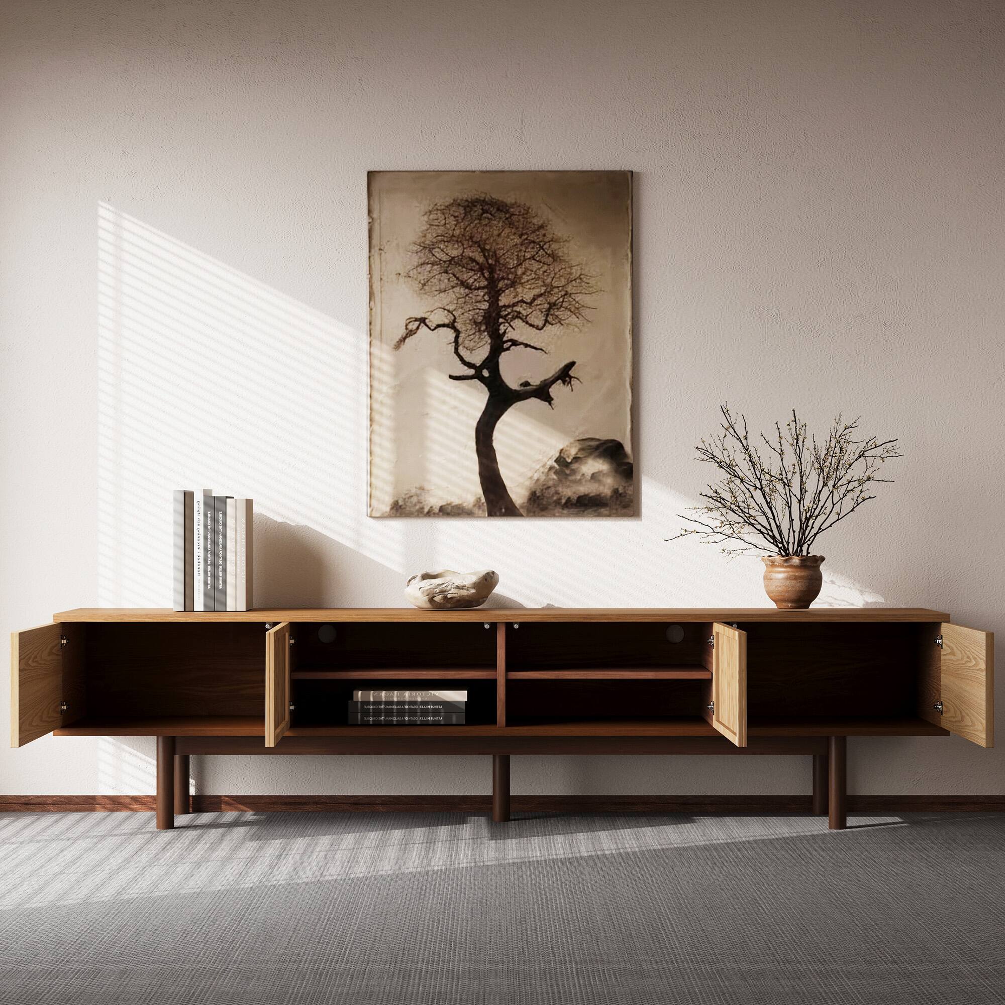 Back. luck idea - 86.6" Solid Wood TV Stand and Media Console with Ample Storage Space for Living Room - Natural Color.