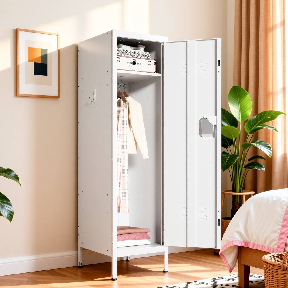 Alt View 7. Loheer - Loheer Tall Metal Wardrobe Cabinet Slim Steel Clothing Locker with Ventilated Door Lock and Side Hooks for Home Office - Matte White.