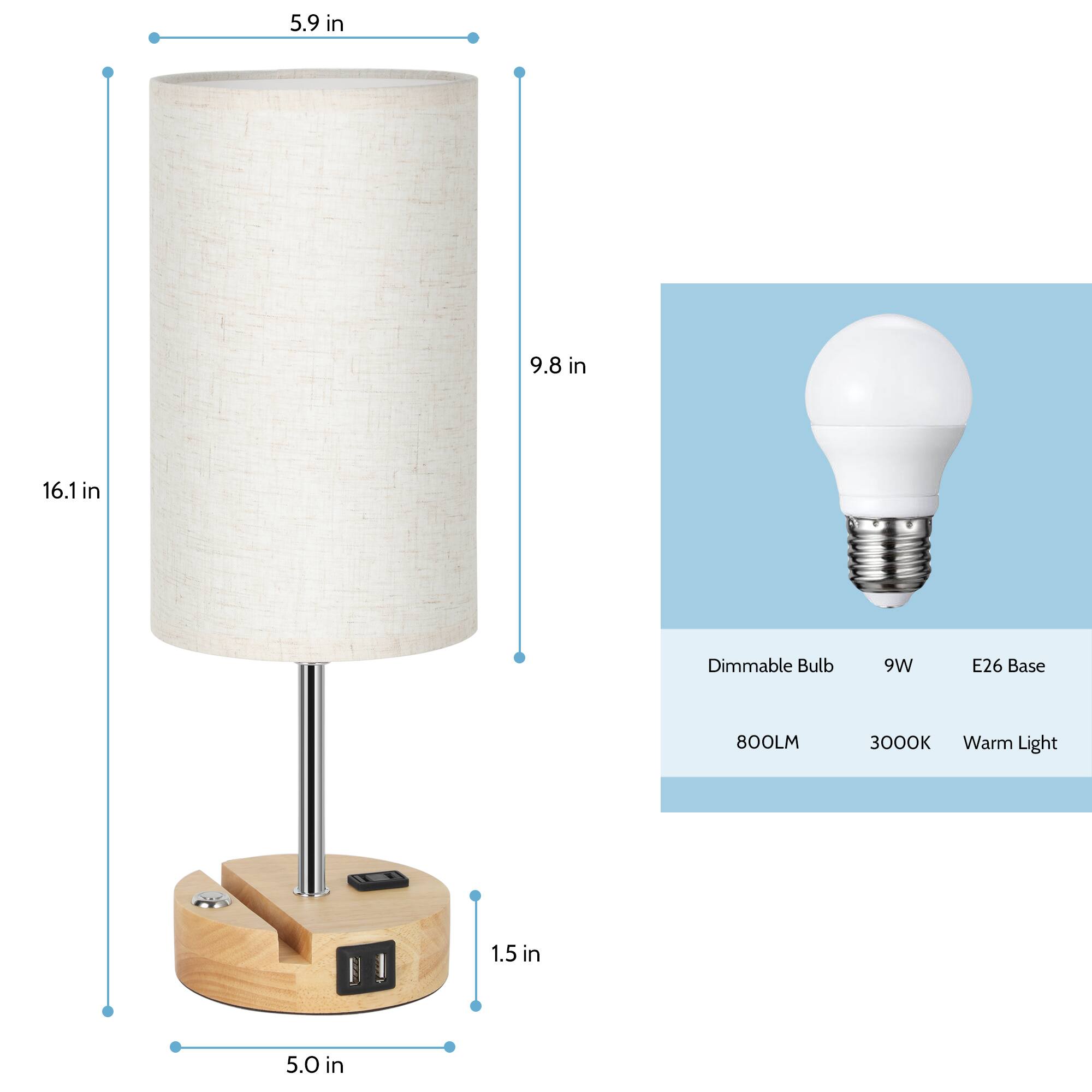 Oumilen 16.1in Wooden Base Table Lamp 2 Pack – Cylinder Linen Shade ...