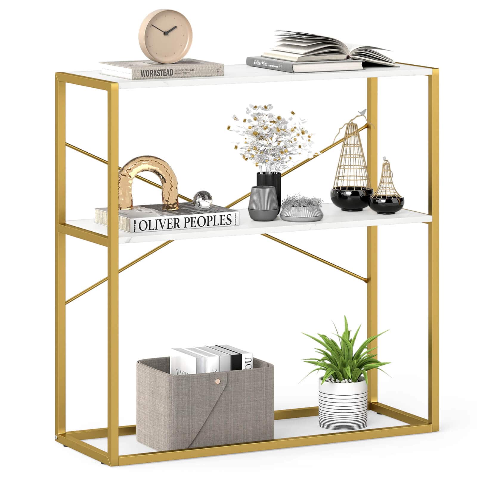 Costway - 36" Console Table with Wooden Textured Open Shelves & Metal Frame for Hallway - White