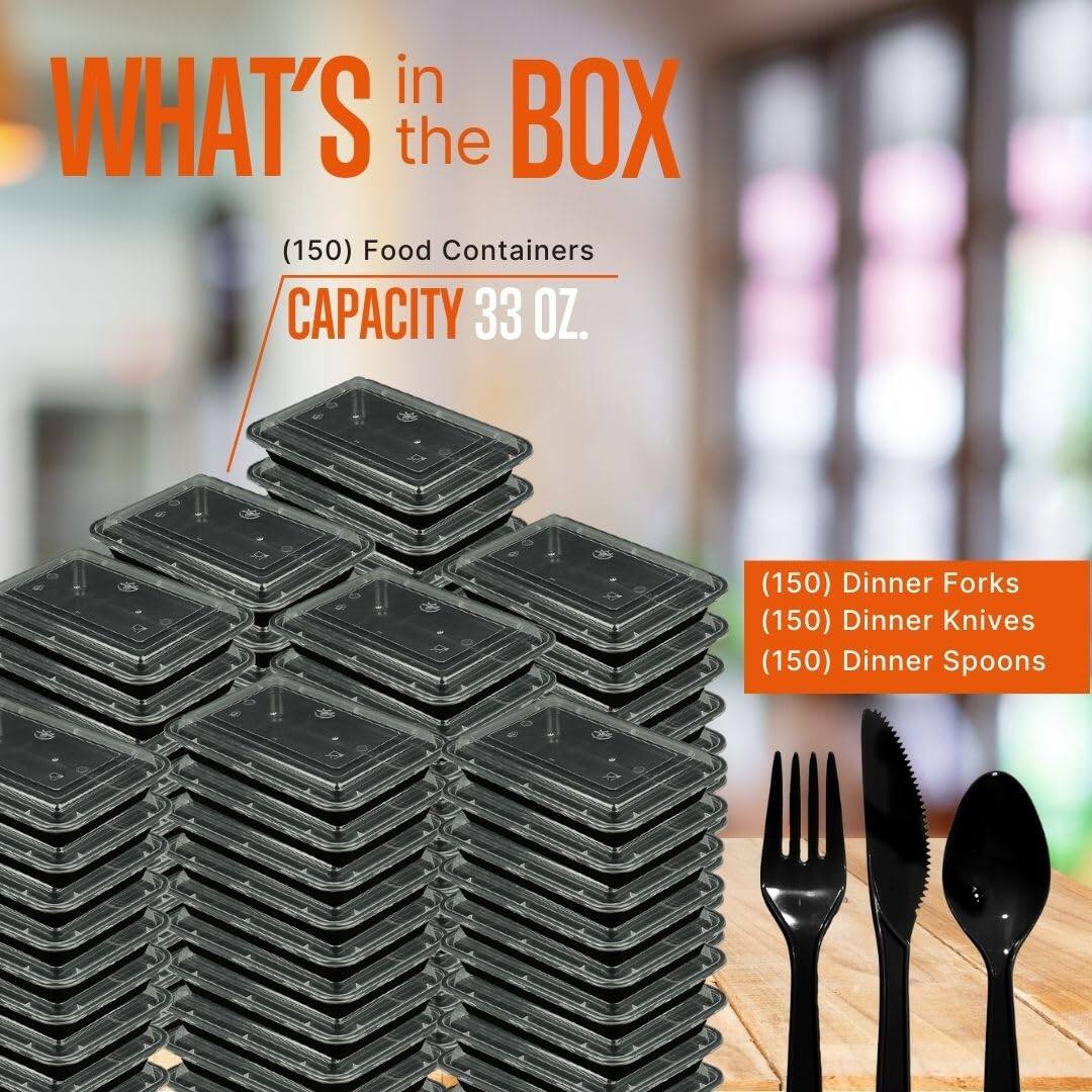 WHAT'S in the BOX

(150) Food Containers  
CAPACITY 33 OZ.

(150) Dinner Forks  
(150) Dinner Knives  
(150) Dinner Spoons