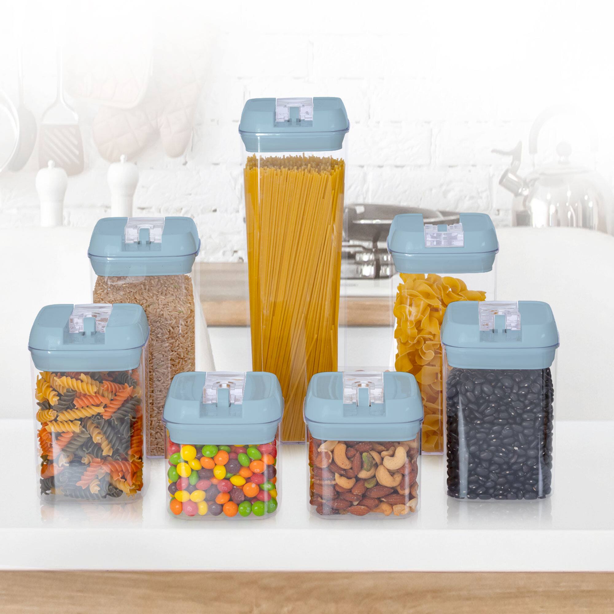 Left. Cheer Collection - 7-Piece Airtight Pantry Food Storage Container Set with Mixed Sizes, Flip-Top Lids & Reusable Labels - Blue.