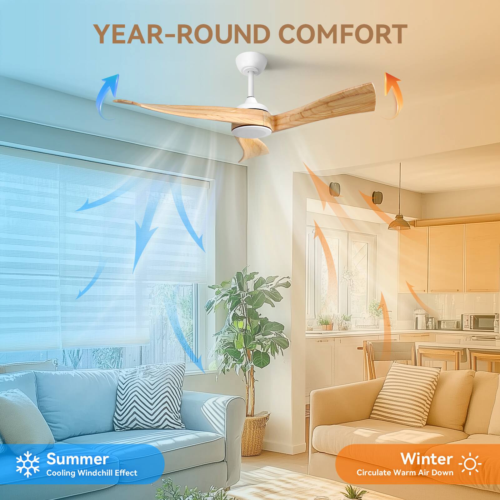 YEAR-ROUND COMFORT

Summer  
Cooling Windchill Effect

Winter  
Circulate Warm Air Down