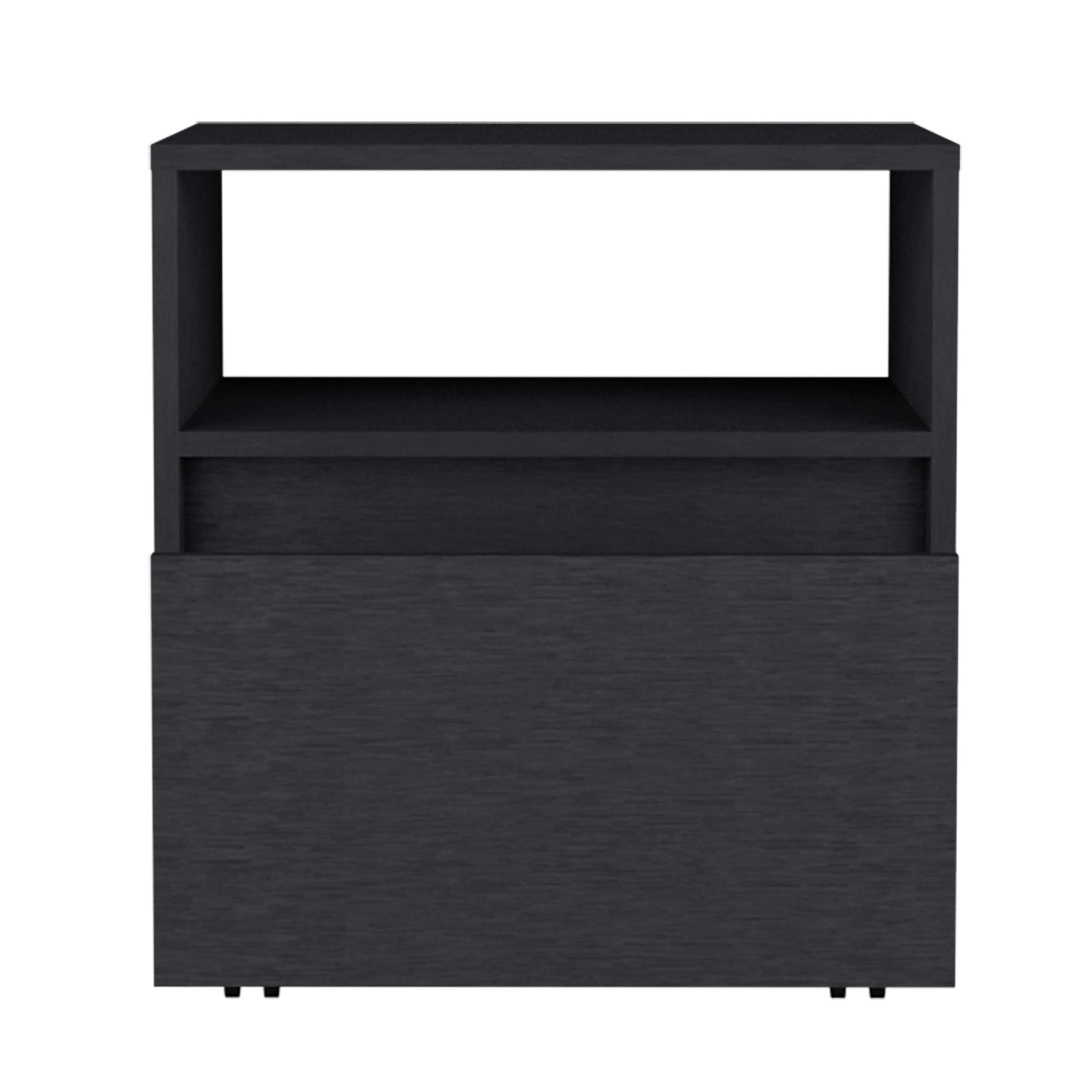 Back. Tiramisubest - Black Nightstand with Open Shelf, Drawer, and Casters, 20\ - Black.
