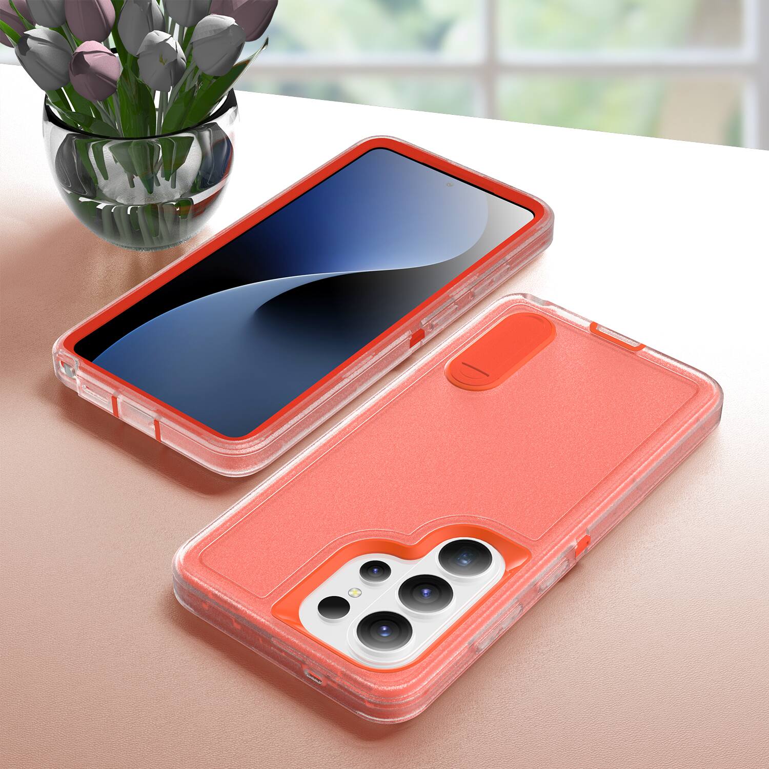 Alt View 3. Dteck - Heavy Duty Case for Samsung Galaxy S26 Ultra w/ Foldable Kickstand,Dual-Layer Shockproof Hard PC Soft Silicone Cover - Clear/Orange.
