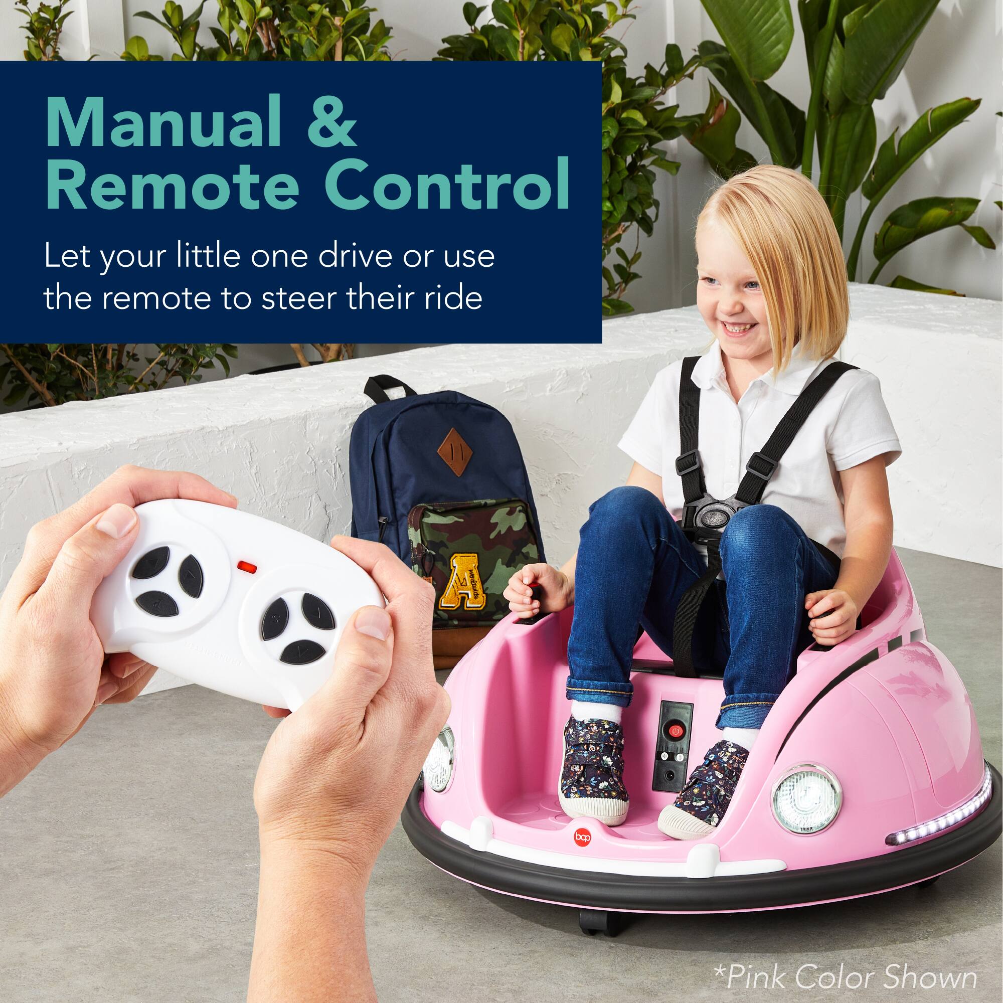 Manual & Remote Control  
Let your little one drive or use the remote to steer their ride  
*Pink Color Shown
