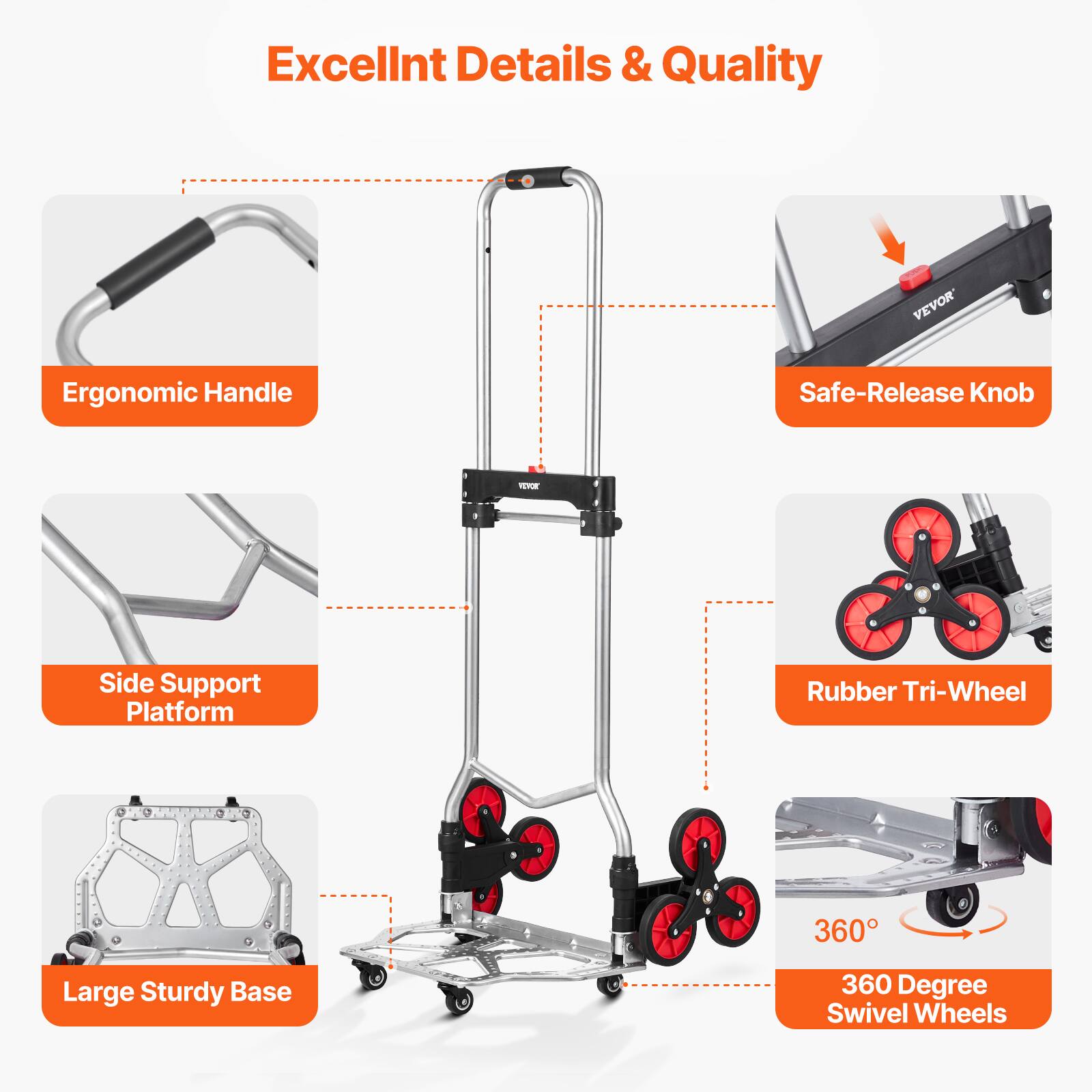 Excellent Details & Quality

- Ergonomic Handle
- Safe-Release Knob
- Side Support Platform
- Rubber Tri-Wheel
- Large Sturdy Base
- 360 Degree Swivel Wheels