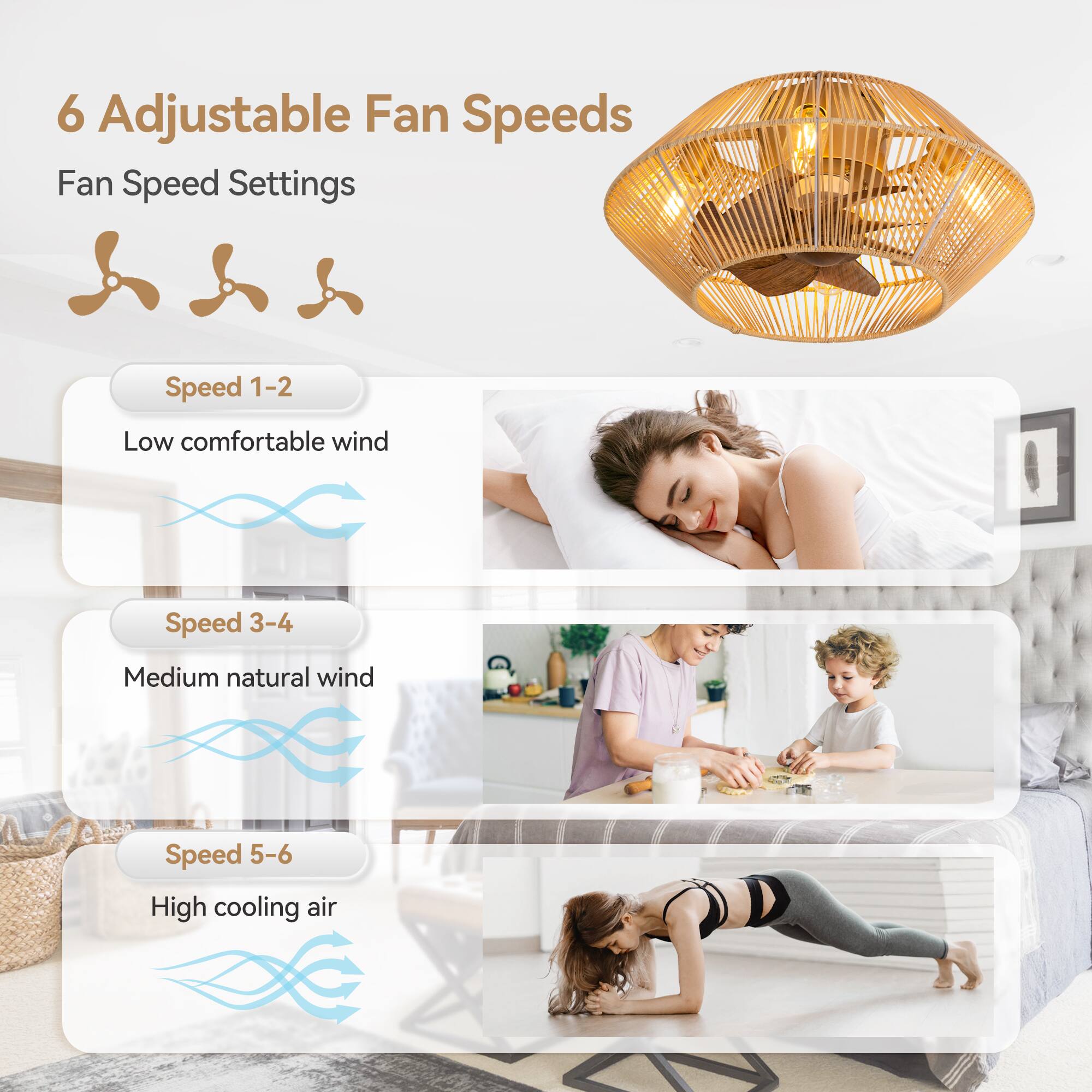 6 Adjustable Fan Speeds
Fan Speed Settings
Speed 1-2 Low comfortable wind
Speed 3-4 Medium natural wind
Speed 5-6 High cooling air