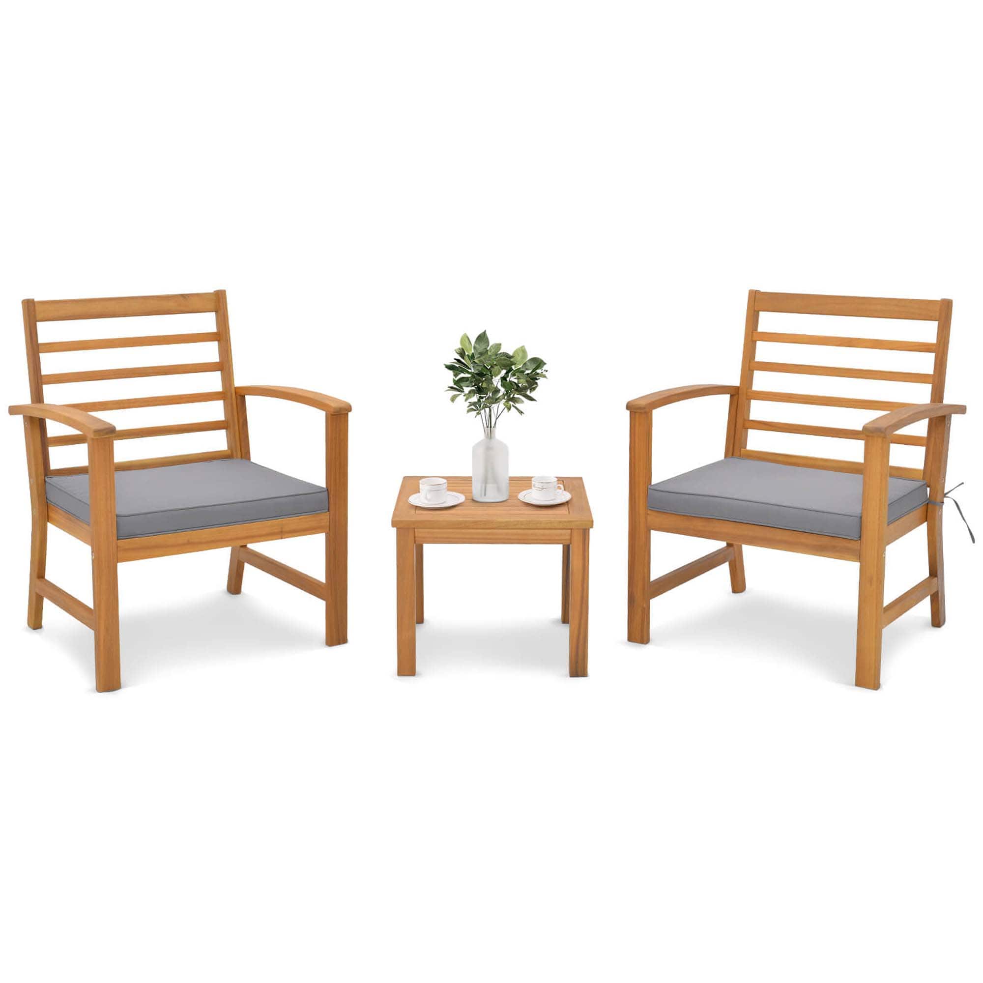Costway - 3 PCS Outdoor Furniture Set Acacia Wood Conversation Set with Soft Seat Cushions - Gray