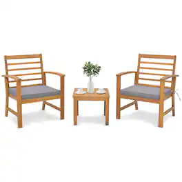 Costway - 3 PCS Outdoor Furniture Set Acacia Wood Conversation Set with Soft Seat Cushions - Gray