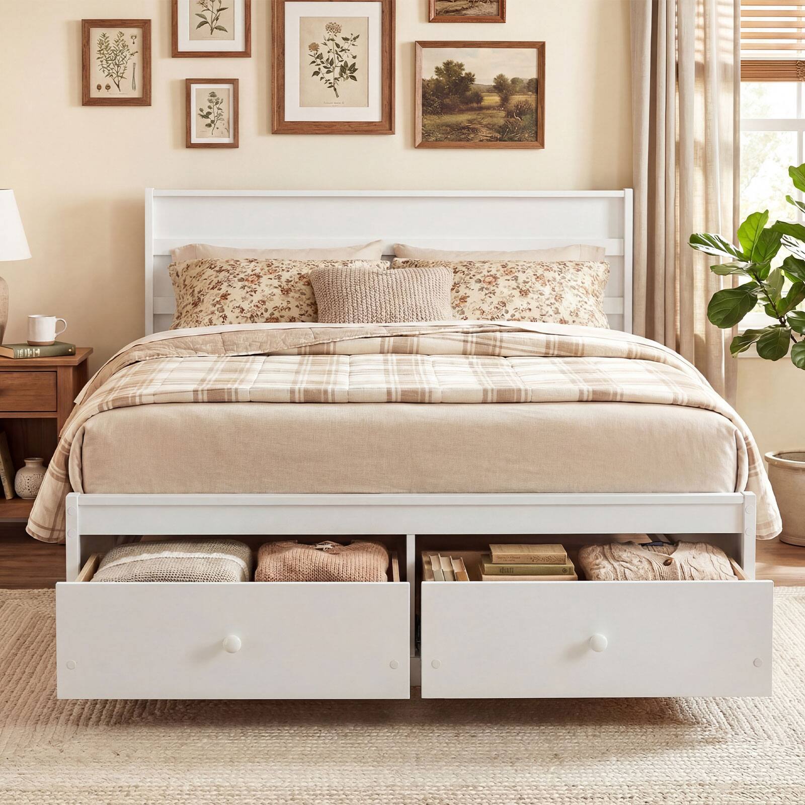 Alt View 8. Gymax - Gymax Full Size Bed Frame w/Storage Drawers Headboard Wooden Slat Support White - White.
