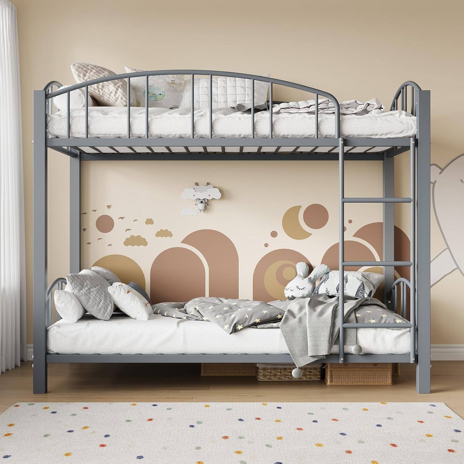 GARVEE - Metal Bunk Bed Twin Over Twin Gray Heavy Duty Frame Safety Ladder Arched Guardrail - Gray Twin